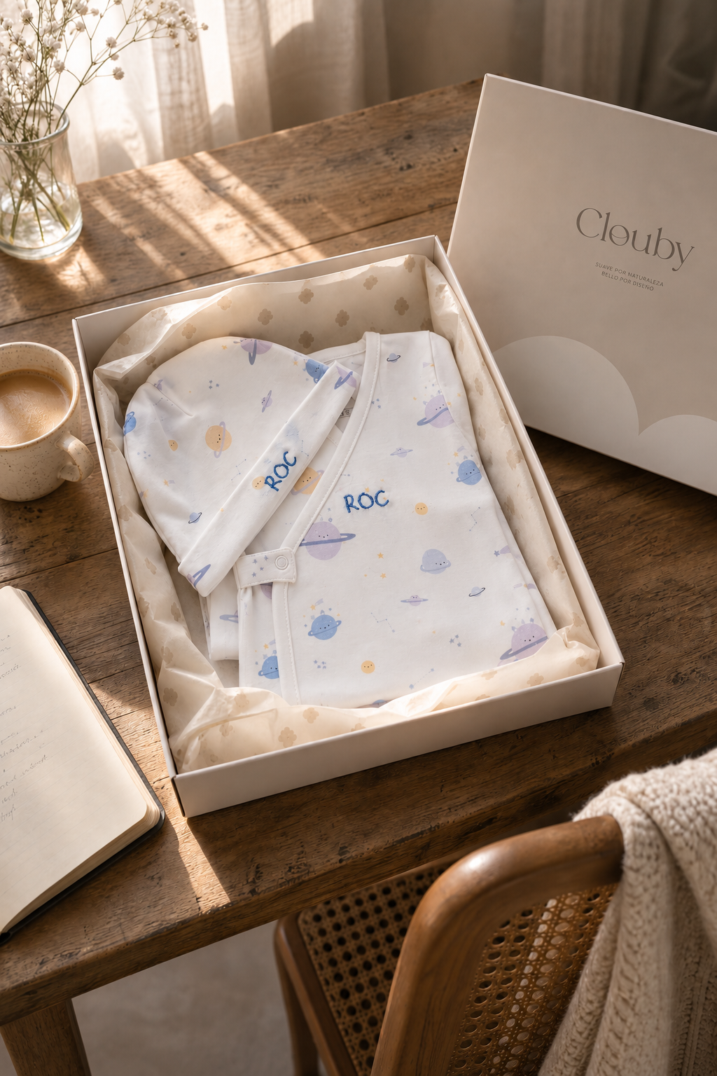 Set kimono de bebé: chaqueta, polaina y gorro · Estampado Planetas · Pima orgánico GOTS