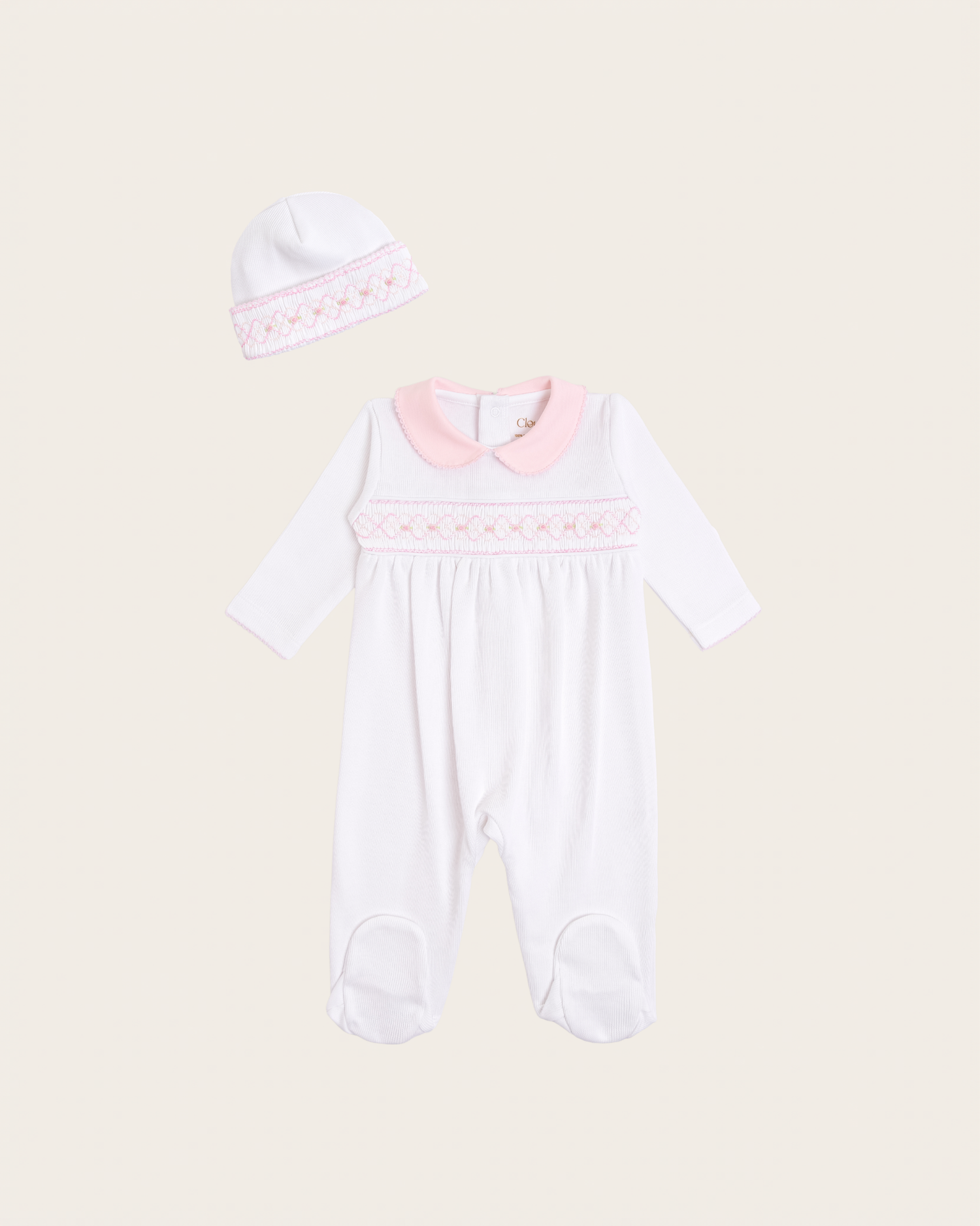 Set pelele y gorro de bebé bordado a mano · Blanco · Algodón Pima