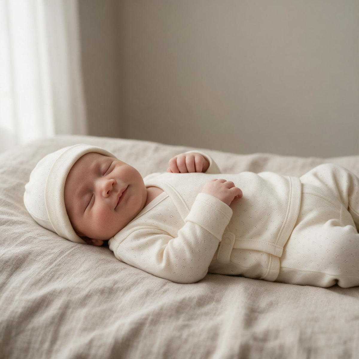 Set kimono de bebé: chaqueta, polaina y gorro · Blanco Pointelle · Pima orgánico GOTS