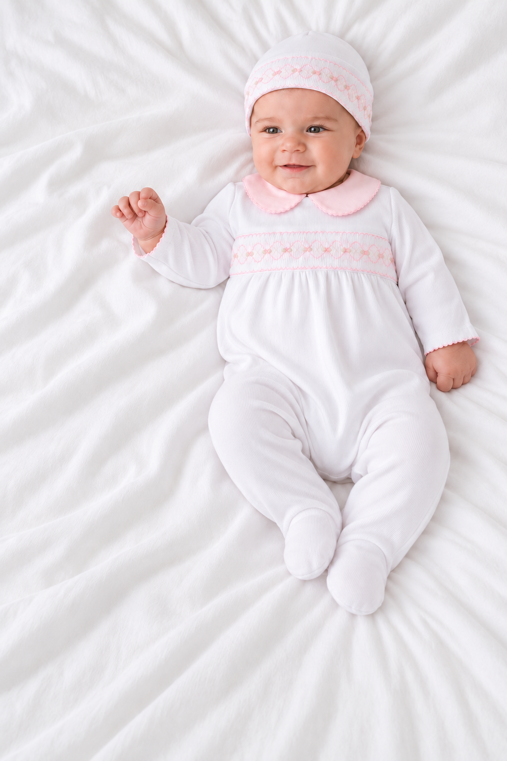 Hand-embroidered baby romper and hat set · White · Pima Cotton