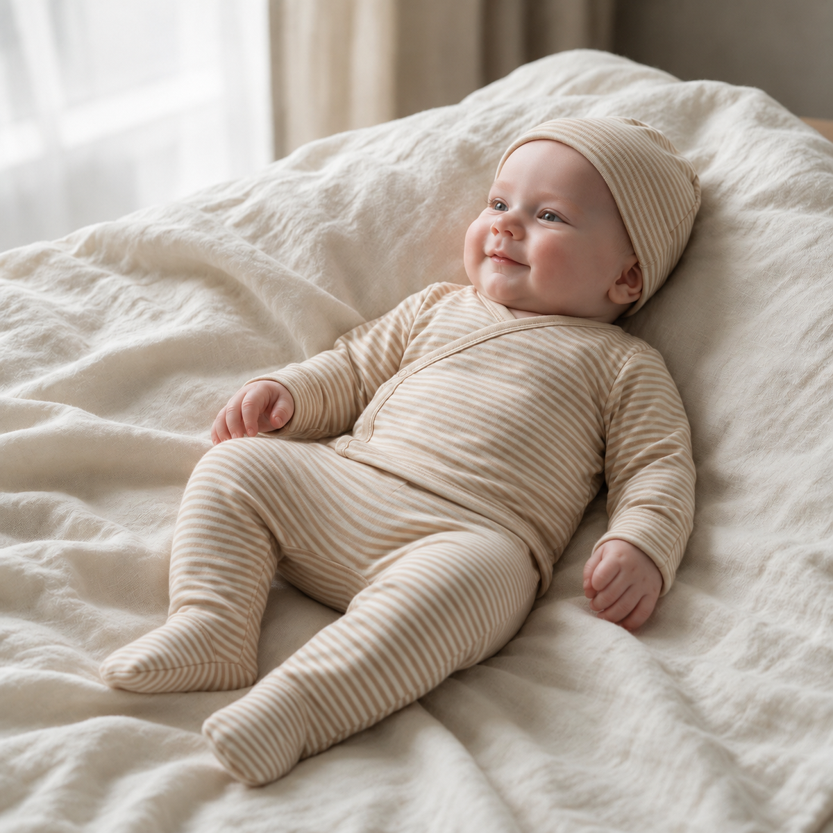 Set kimono de bebé: chaqueta, polaina y gorro · Rayas Caramel · Pima orgánico GOTS