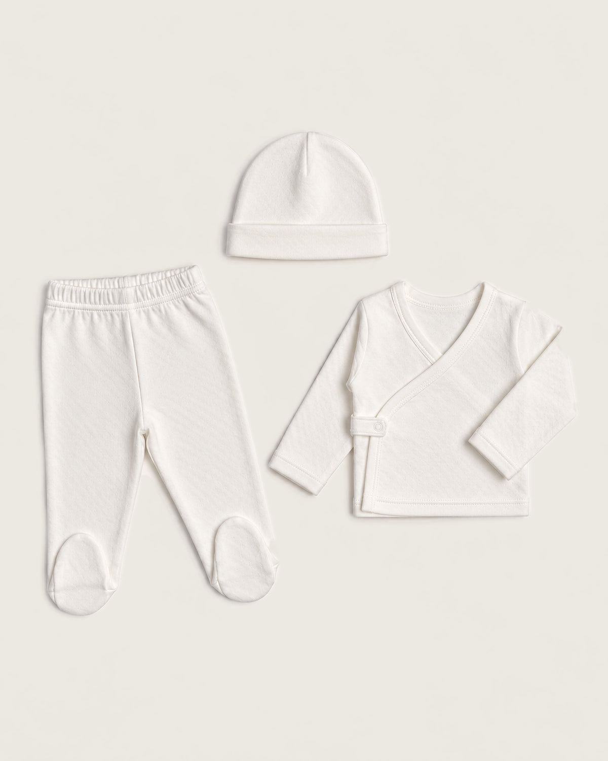 Set kimono de bebé: chaqueta, polaina y gorro · Blanco Pointelle · Pima orgánico GOTS