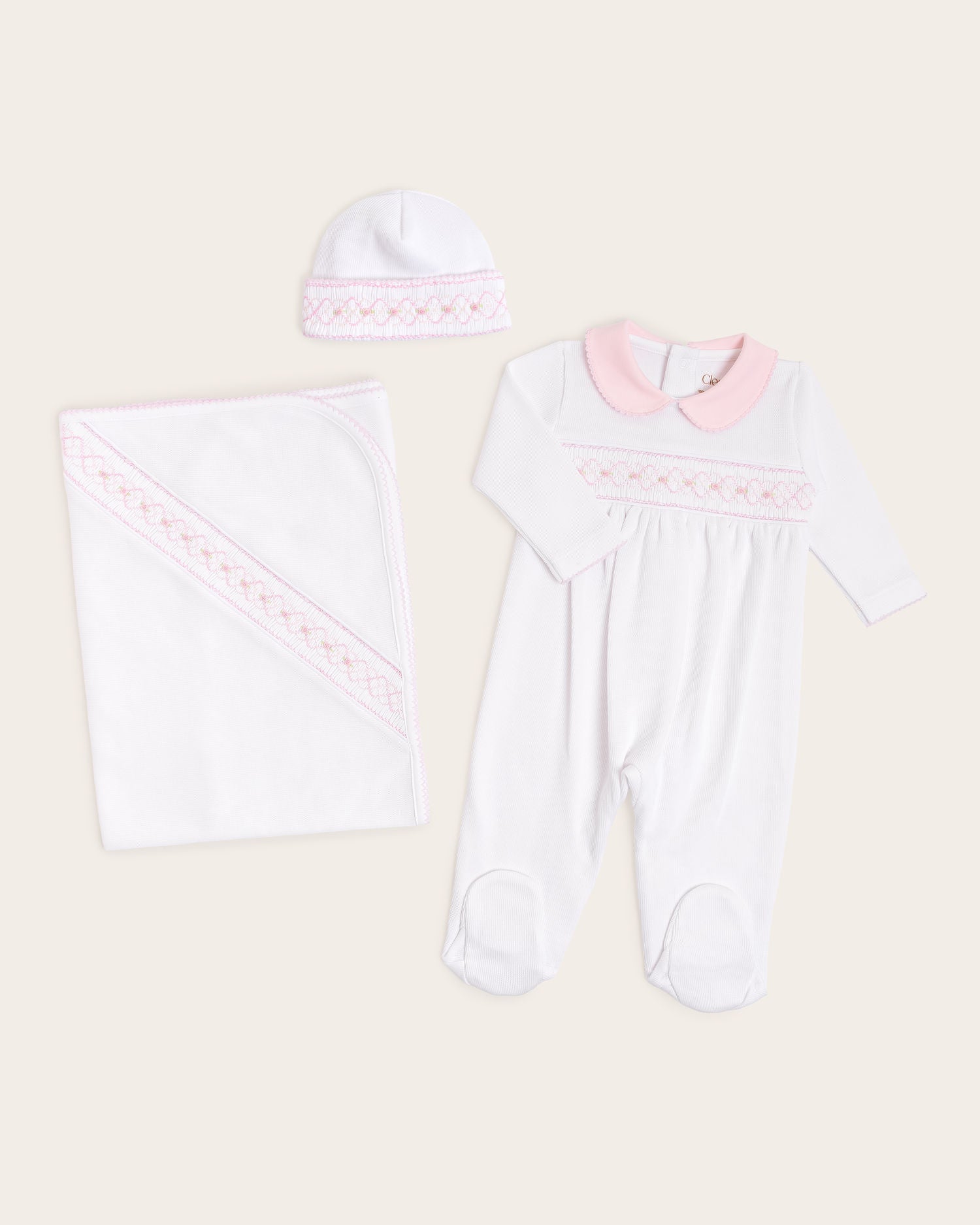 Set pelele, manta y gorro de bebé bordado a mano · Blanco · Algodón Pima