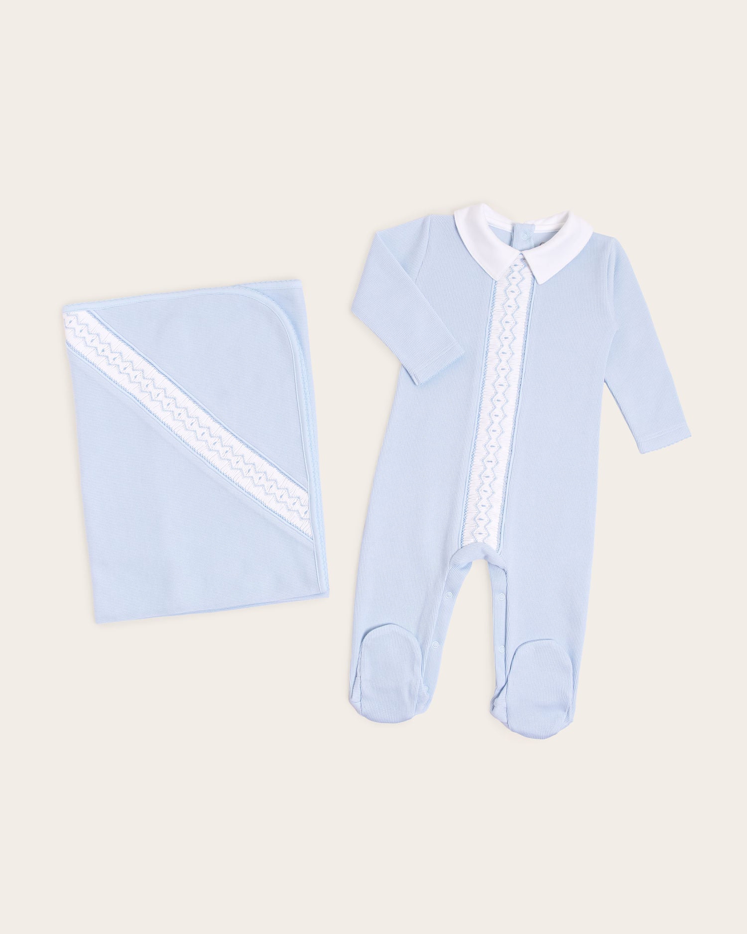 Set pelele y manta de bebé bordado a mano · Celeste · Algodón Pima
