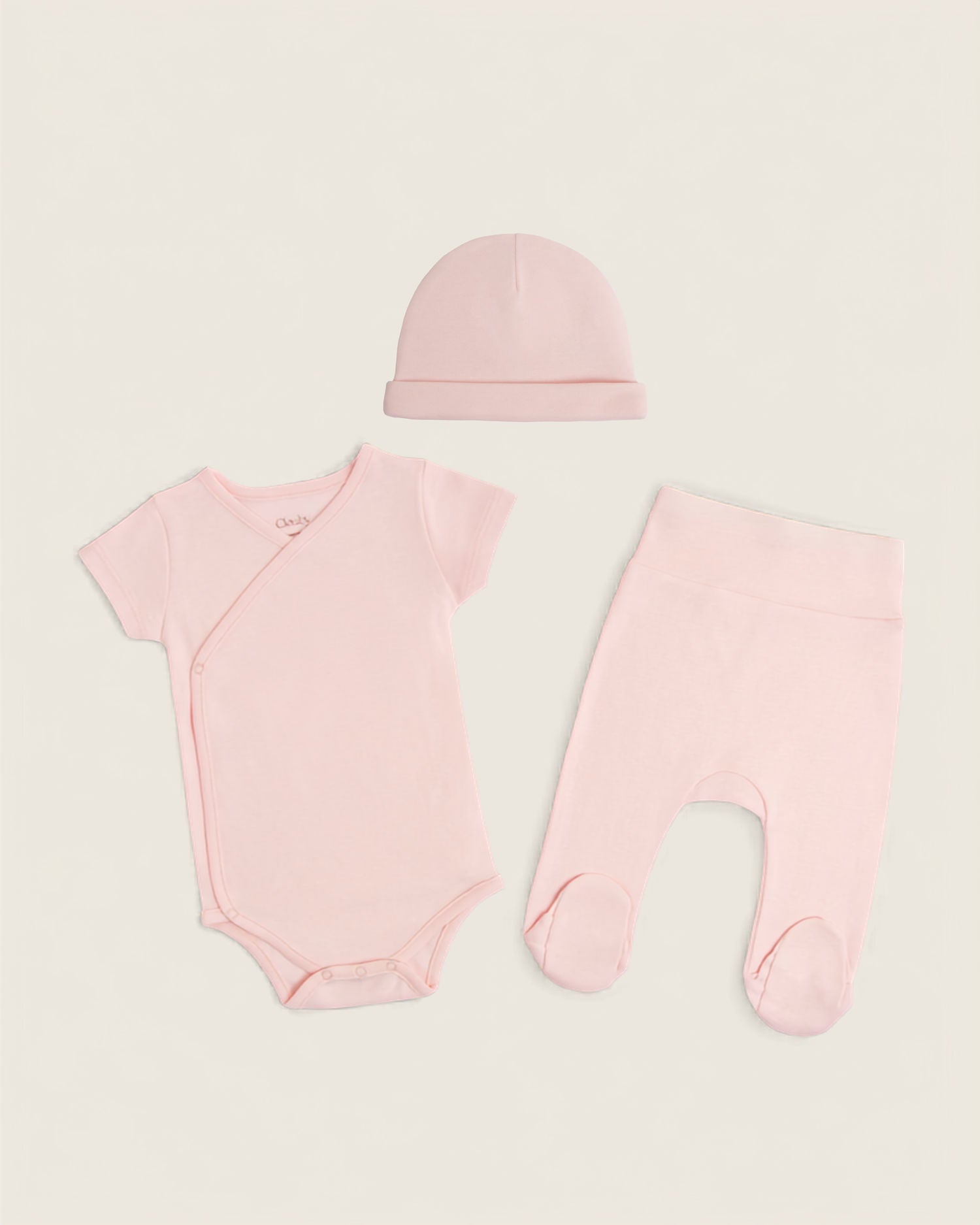 Set body kimono manga corta, pantalón con pie y gorro de bebé · Rosa · Pima orgánico GOTS