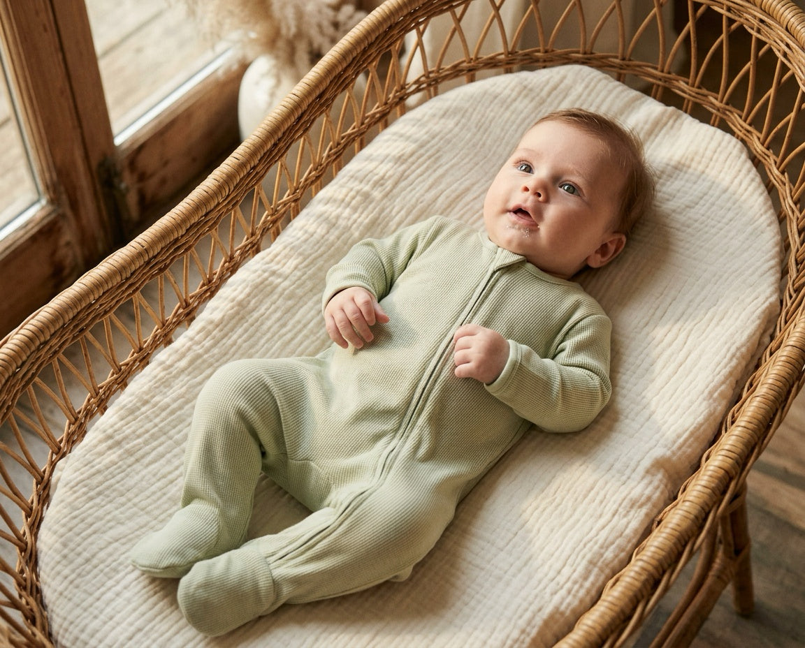 Double-zipper baby romper with feet · Pistachio · Pima Cotton in English Rib