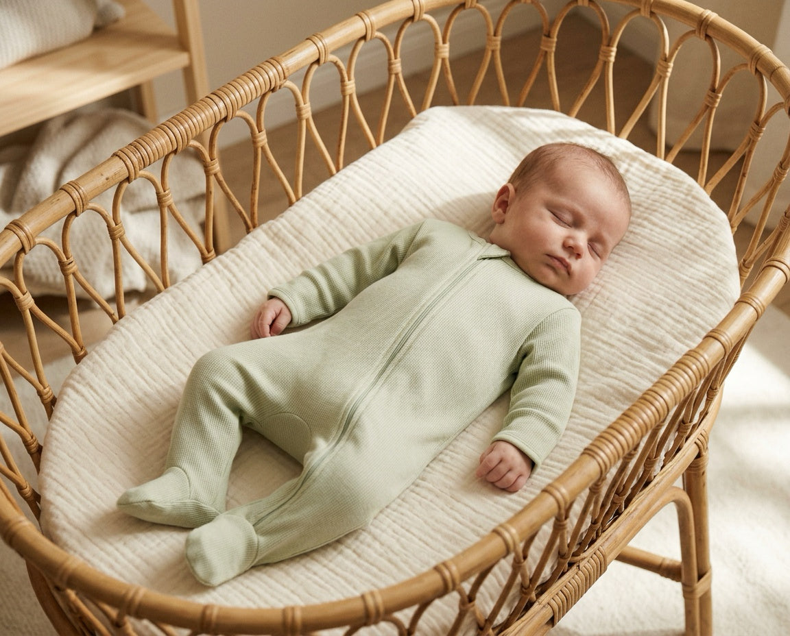 Double-zipper baby romper with feet · Pistachio · Pima Cotton in English Rib