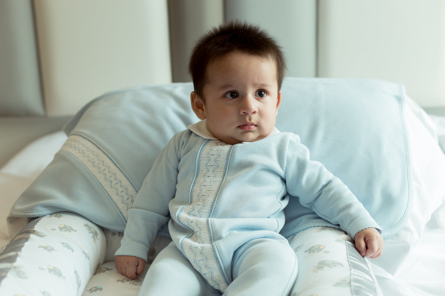Hand-embroidered baby romper · Sky Blue · Pima Cotton