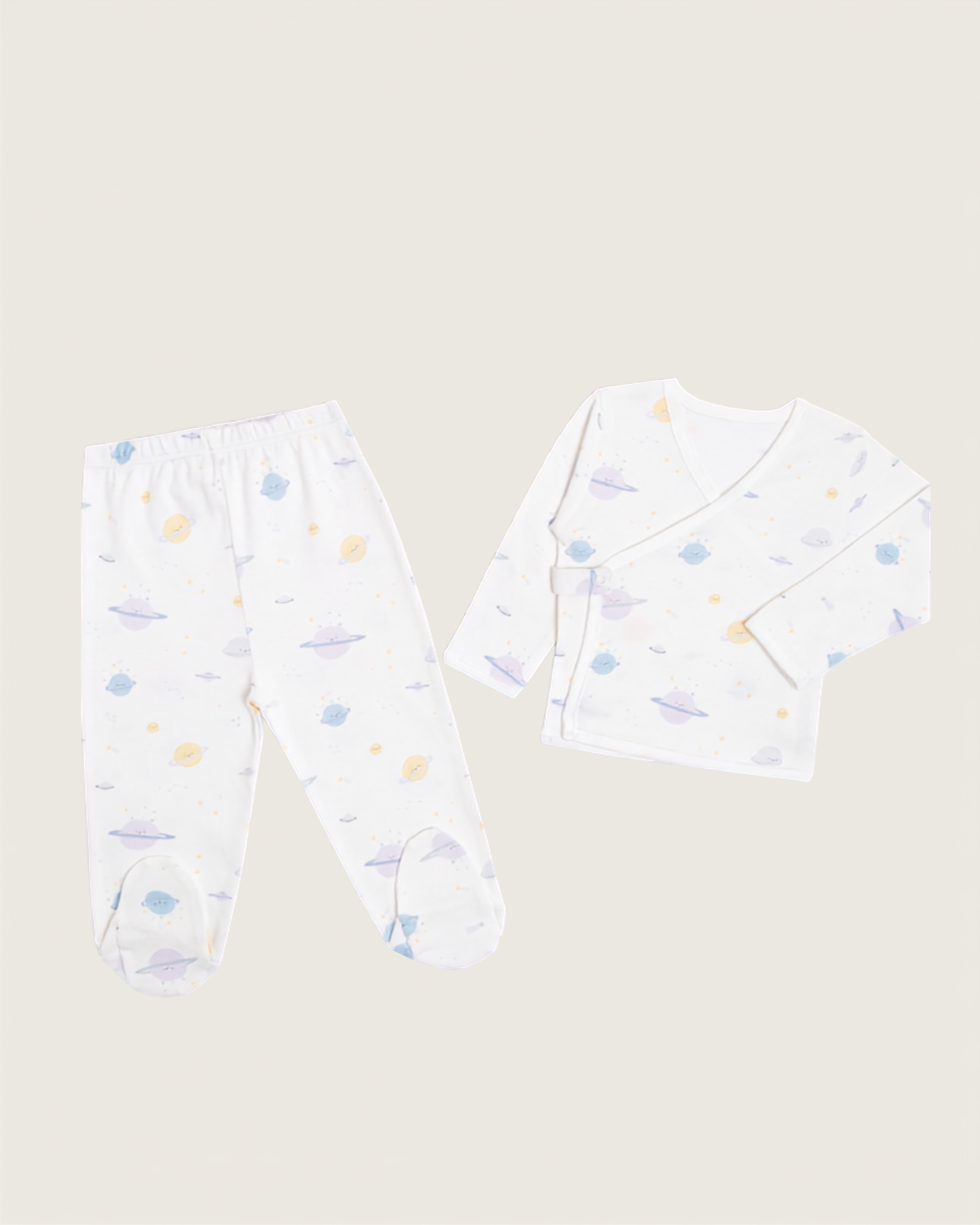 Set kimono de bebé: chaqueta y polaina · Estampado Planetas · Pima orgánico GOTS