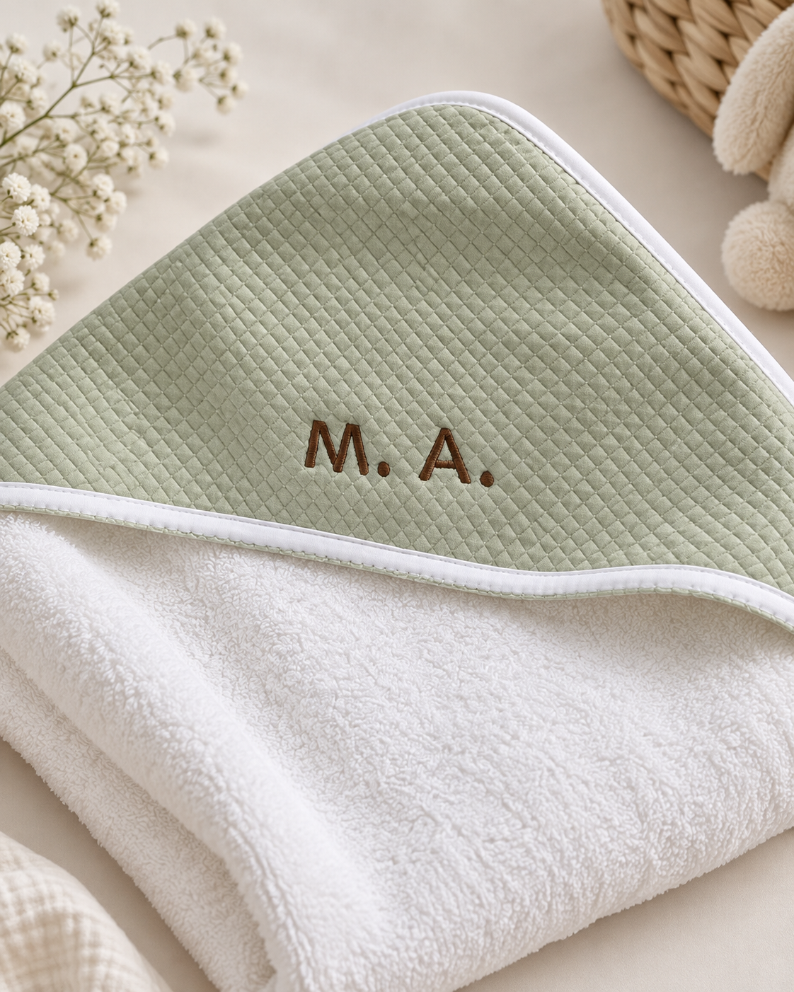 Toalla con capucha de bebé · Blanco y pistacho · Algodón Pima