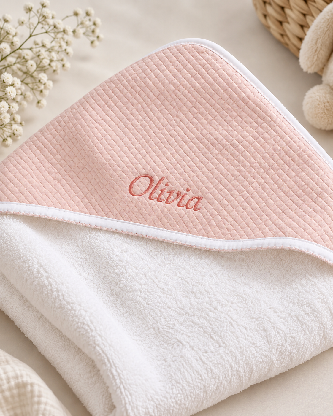 Toalla con capucha de bebé · Blanco y Rosa · Algodón Pima