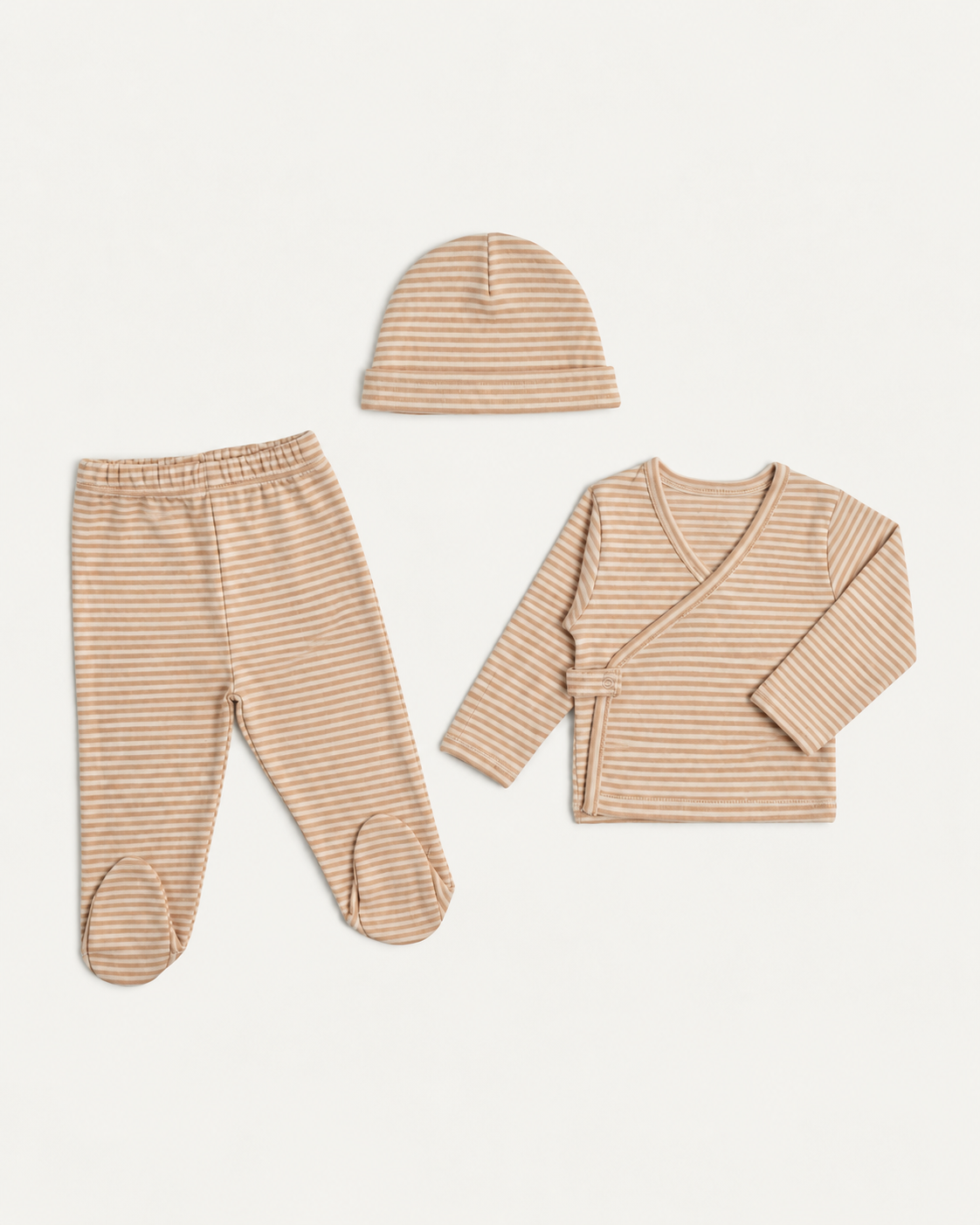 Set kimono de bebé: chaqueta, polaina y gorro · Rayas Caramel · Pima orgánico GOTS