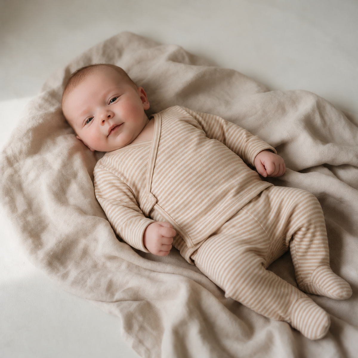 Set kimono de bebé: chaqueta y polaina · Rayas Caramel · Pima orgánico GOTS