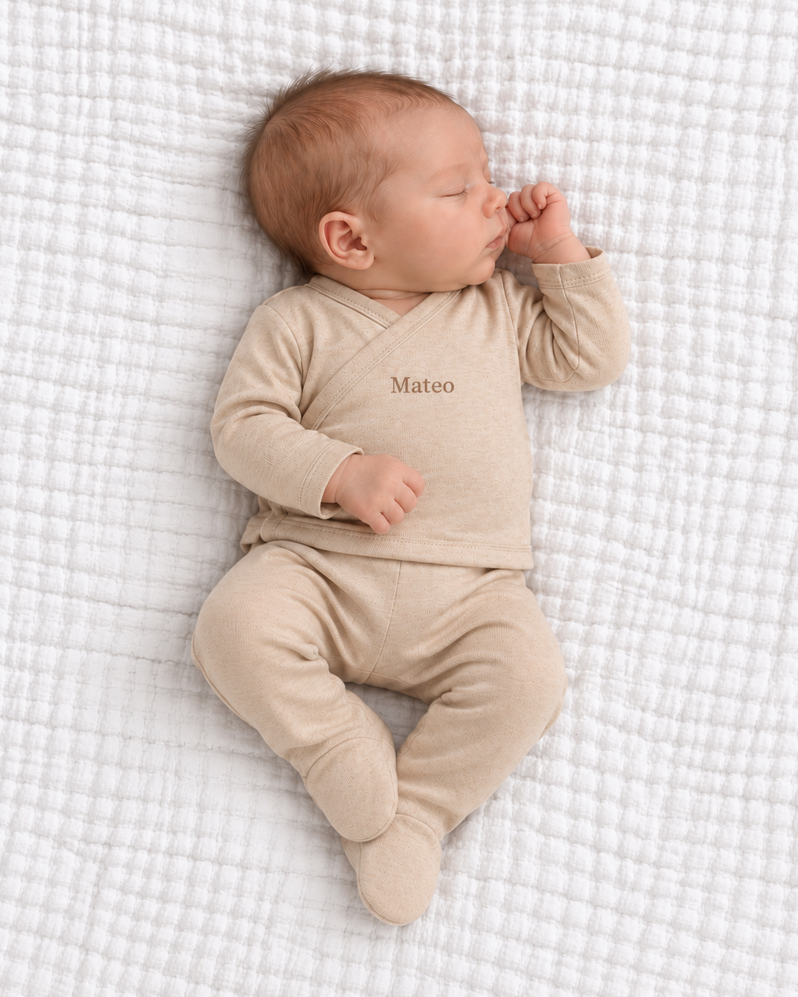 Set kimono de bebé: chaqueta, polaina y gorro · Caramelo · Pima orgánico GOTS