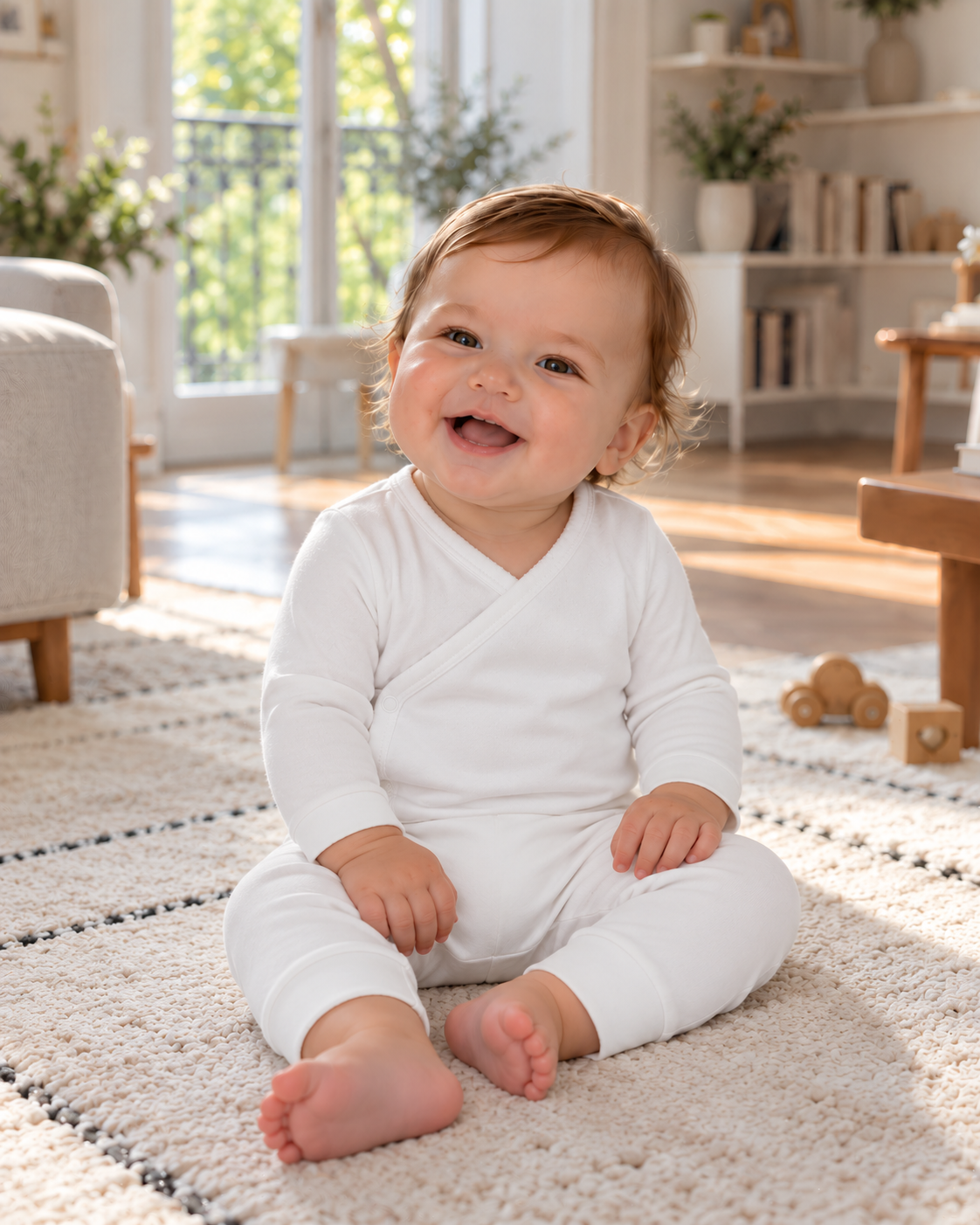 Set body kimono manga larga, pantalón convertible y gorro de bebé · Blanco Natural
