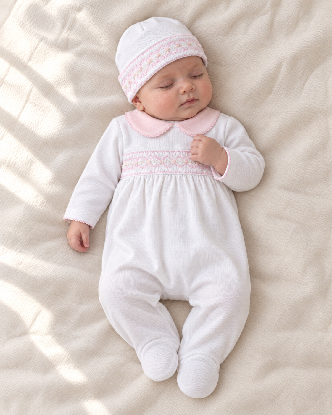 Hand-embroidered baby romper and hat set · White · Pima Cotton