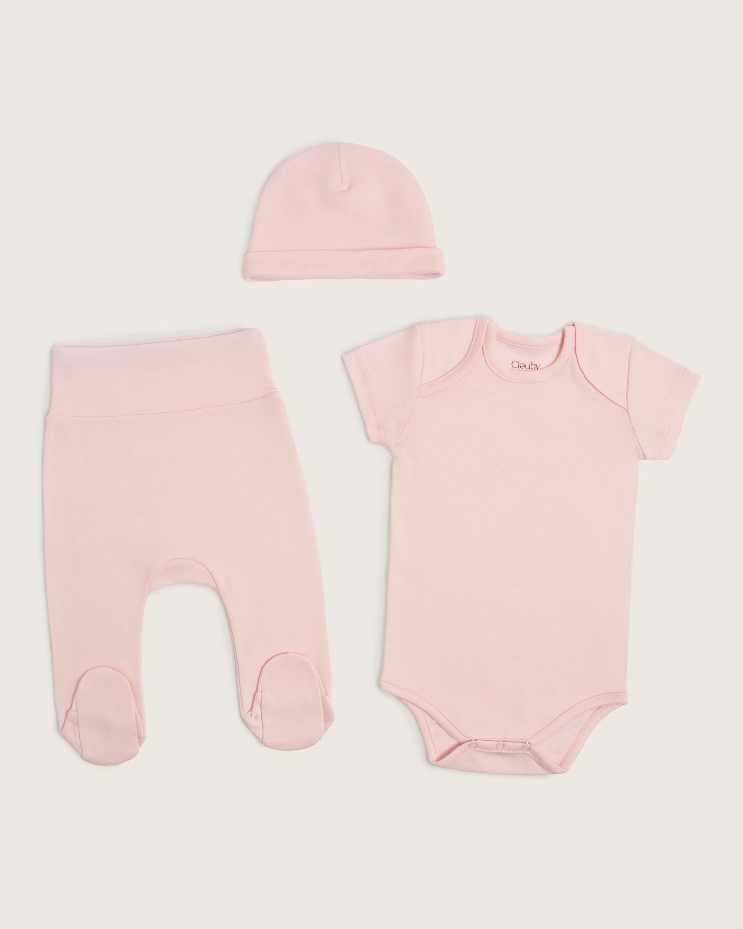 Set body manga corta, pantalón con pie y gorro de bebé · Rosa · Pima orgánico GOTS