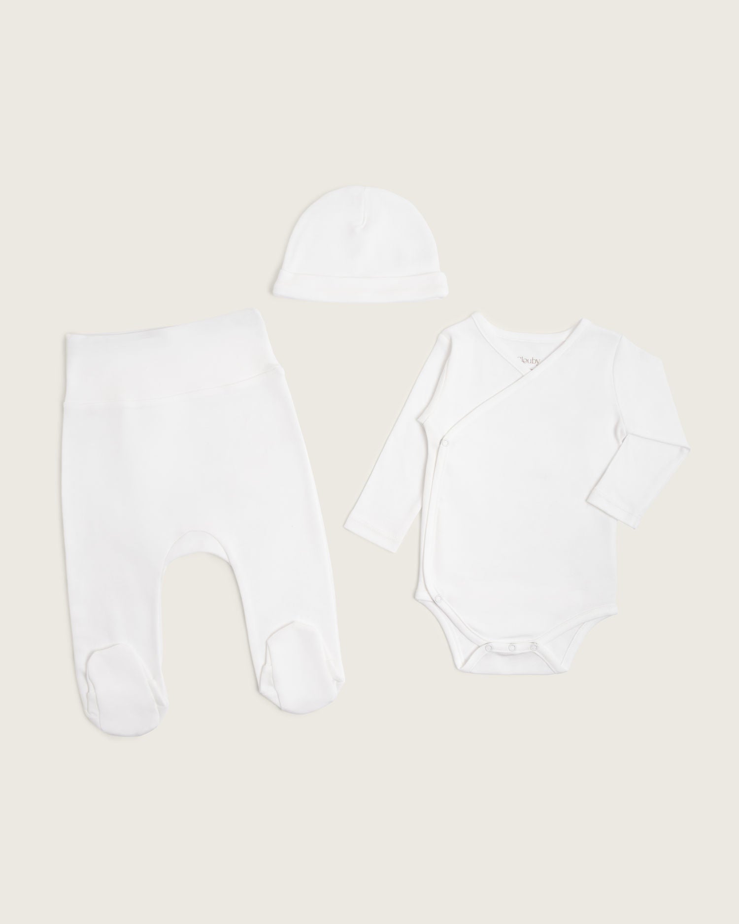Set body kimono manga larga, pantalón con pie y gorro de bebé · Blanco Natural · Pima orgánico GOTS