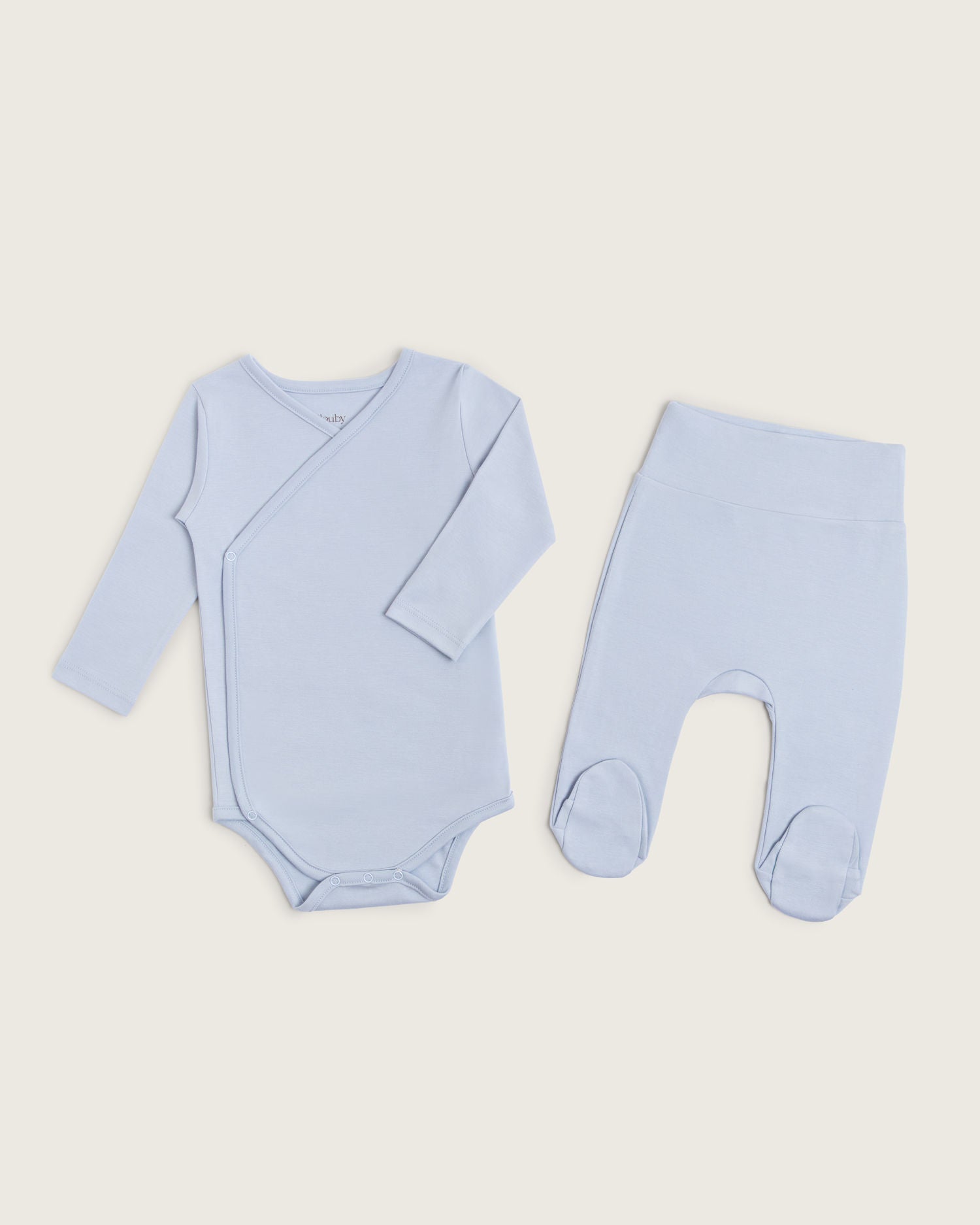 Set body kimono manga larga, y  pantalón con pie de bebé · Celeste · Pima orgánico GOTS