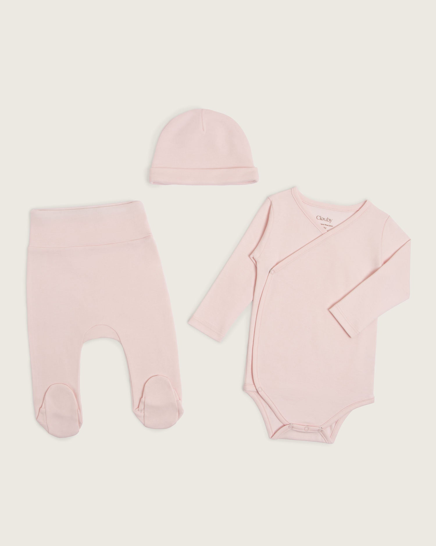 Set body kimono manga larga, pantalón con pie y gorro de bebé · Rosa · Pima orgánico GOTS