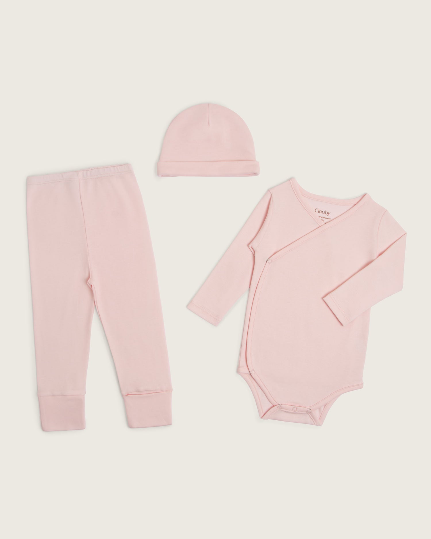 Set body kimono manga larga, pantalón convertible y gorro de bebé · Rosa  · Pima orgánico GOTS
