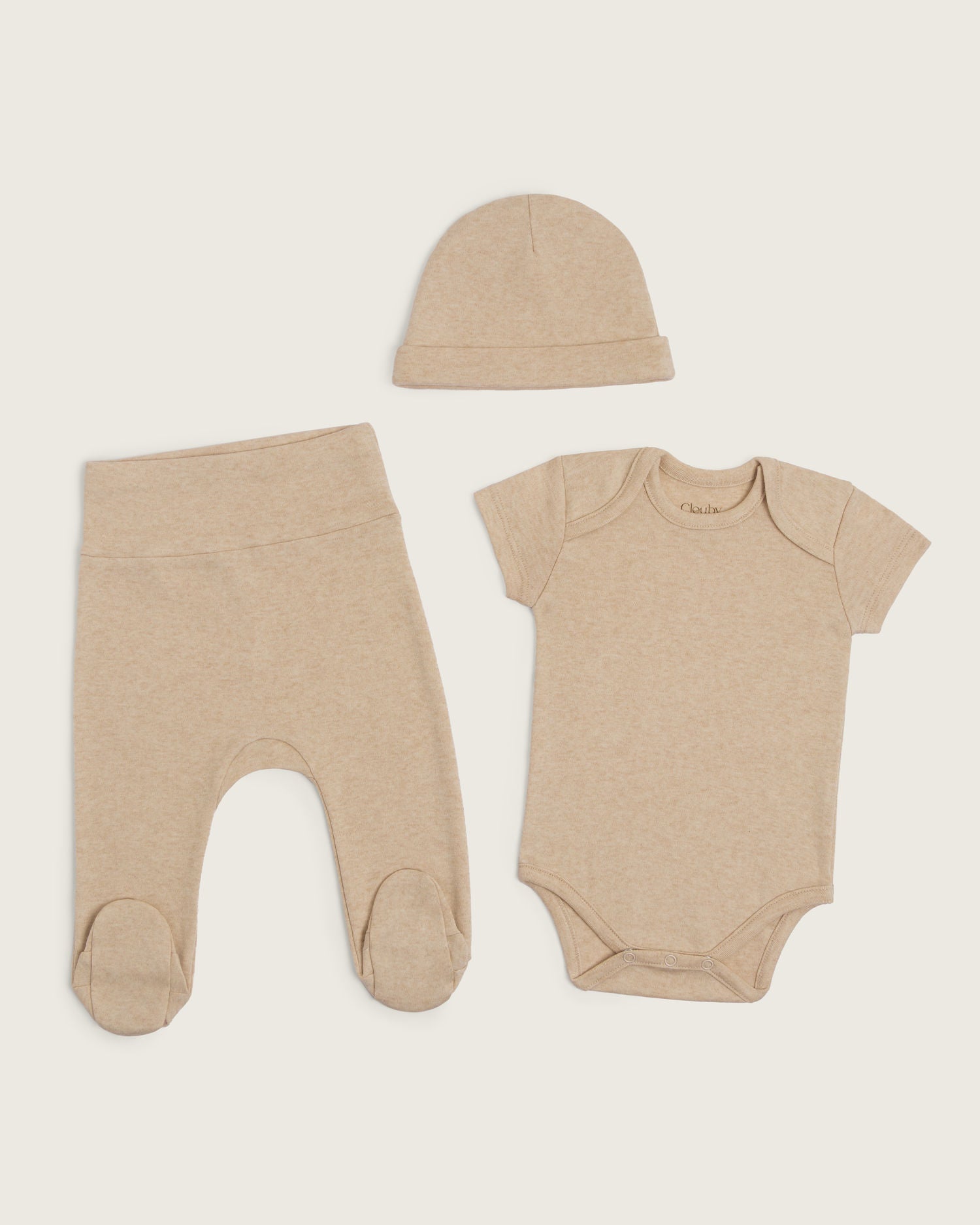 Set body manga corta, pantalón con pie y gorro de bebé · Caramelo · Pima orgánico GOTS