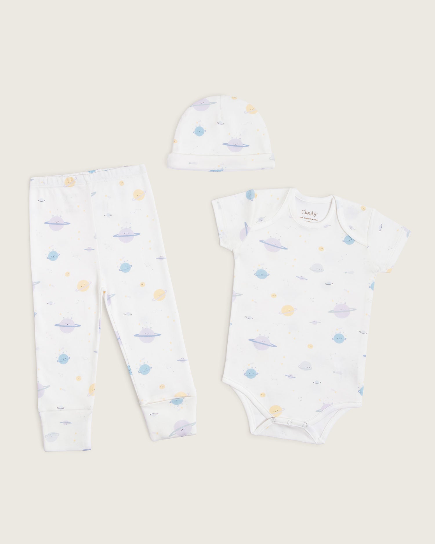 Set body manga corta, pantalón convertible y gorro de bebé · Estampado Planetas · Pima orgánico GOTS