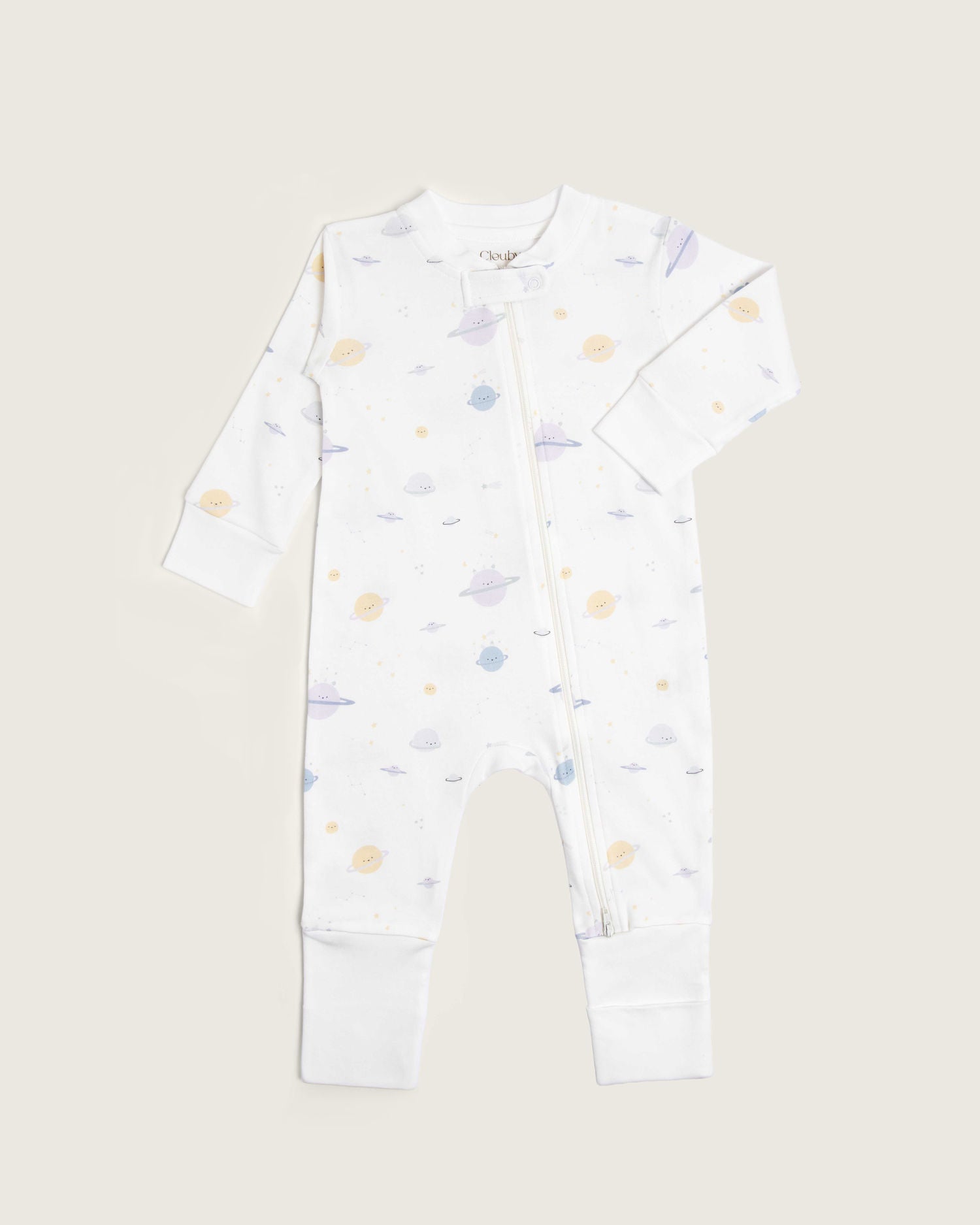 Pelele de bebé doble cremallera · Estampado planetas · Pima orgánico GOTS