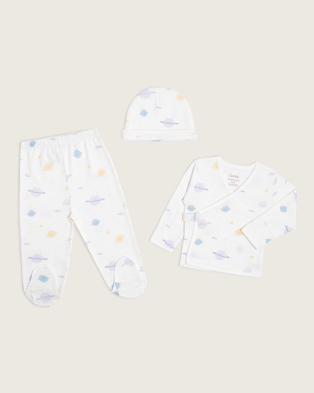 Set kimono de bebé: chaqueta, polaina y gorro · Estampado Planetas · Pima orgánico GOTS