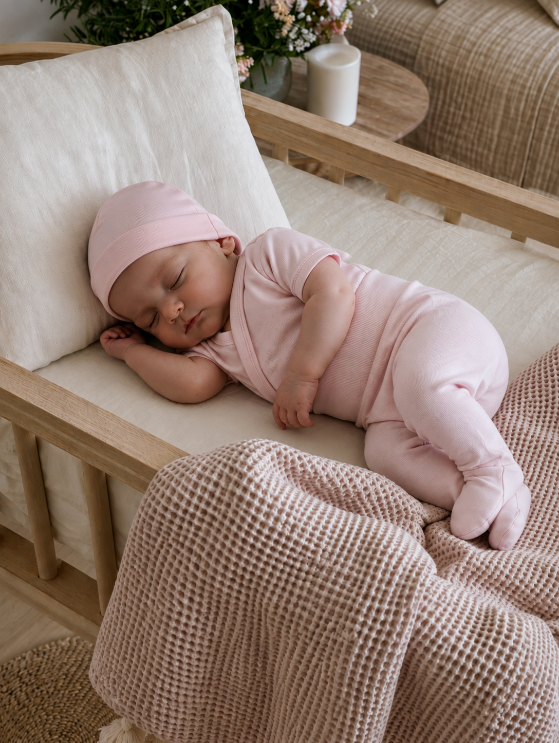 Set body kimono manga corta, pantalón con pie y gorro de bebé · Rosa