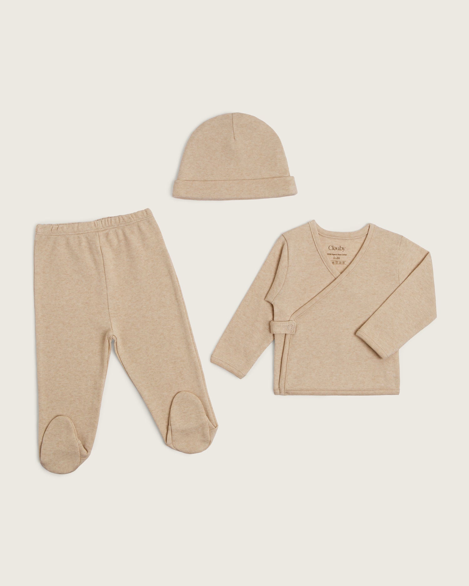 Set kimono de bebé: chaqueta, polaina y gorro · Caramelo · Pima orgánico GOTS