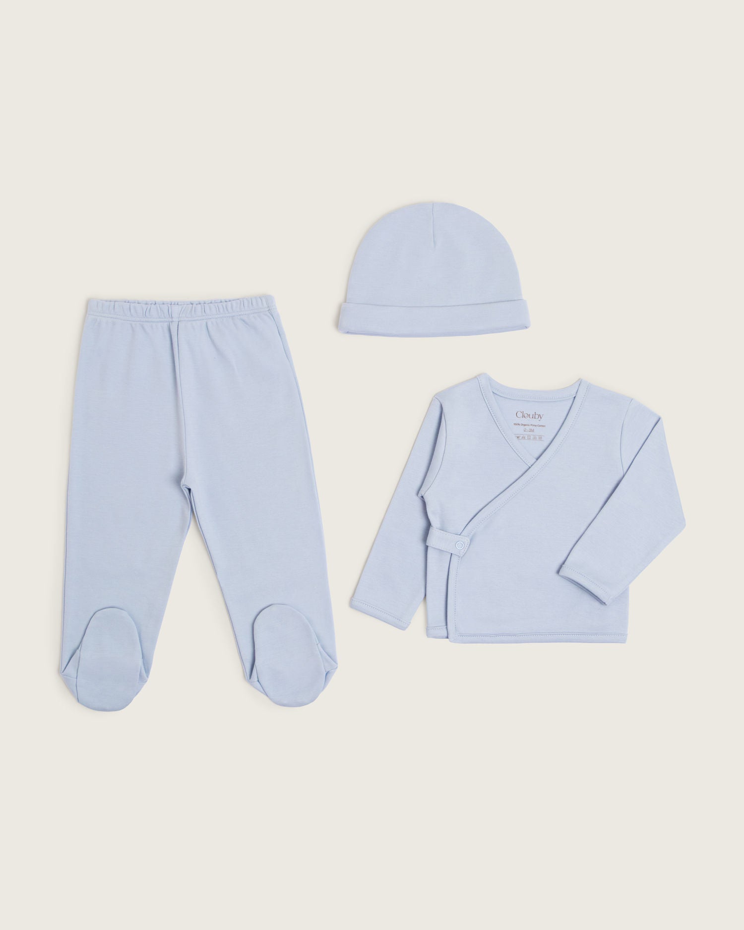 Set kimono de bebé: chaqueta, polaina y gorro · Celeste · Pima orgánico GOTS