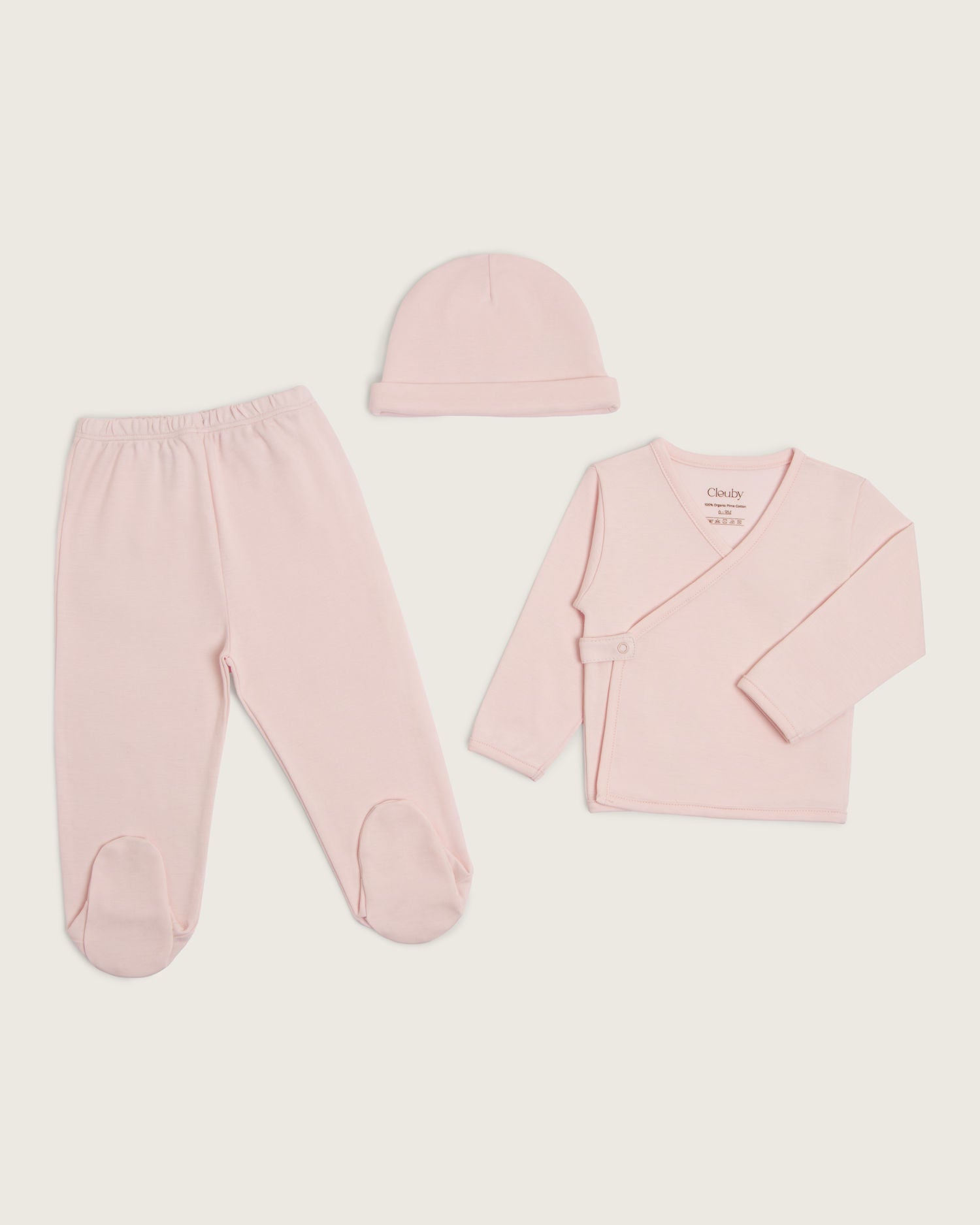 Set kimono de bebé: chaqueta, polaina y gorro · Rosa · Pima orgánico GOTS
