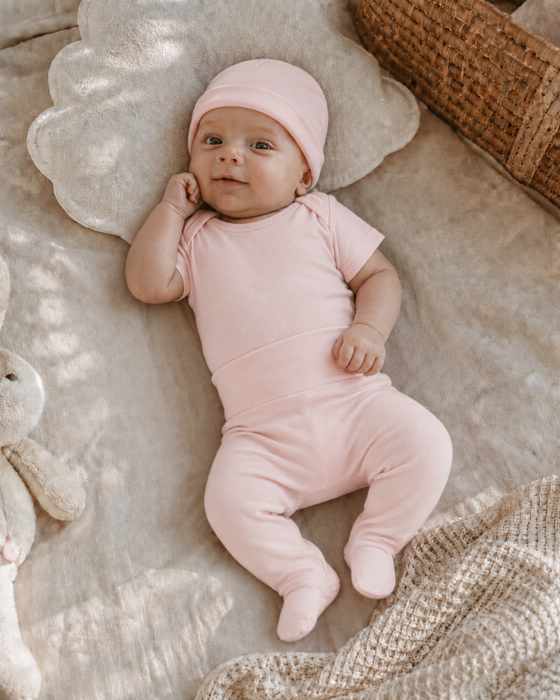Set body manga corta, pantalón con pie y gorro de bebé · Rosa