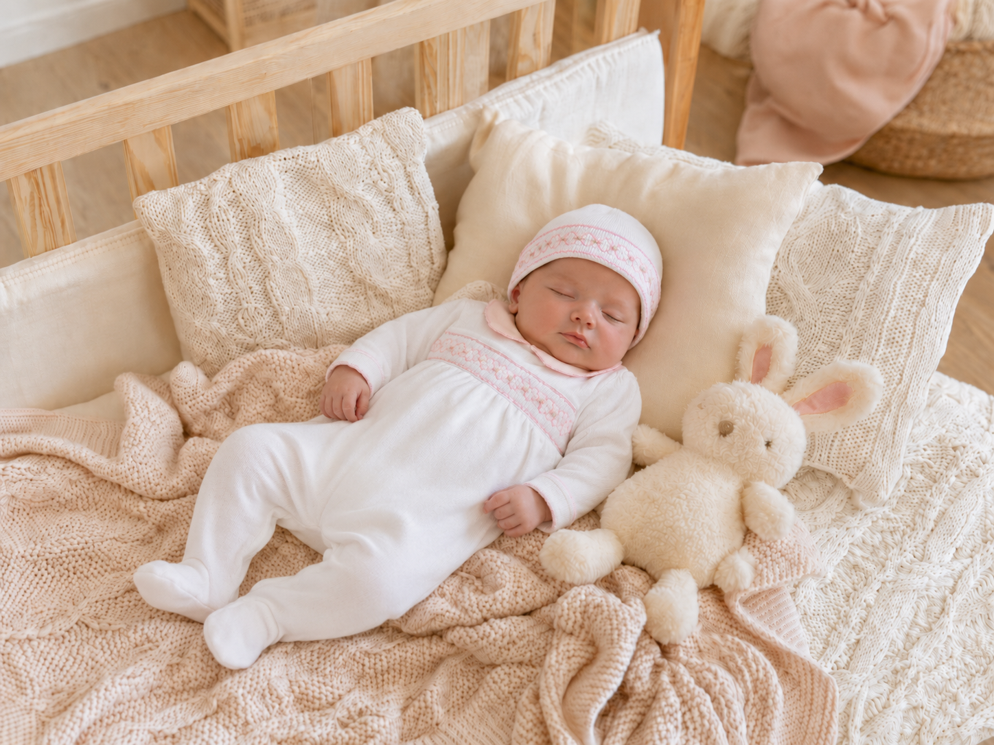 Hand-embroidered baby hat · White · Pima cotton