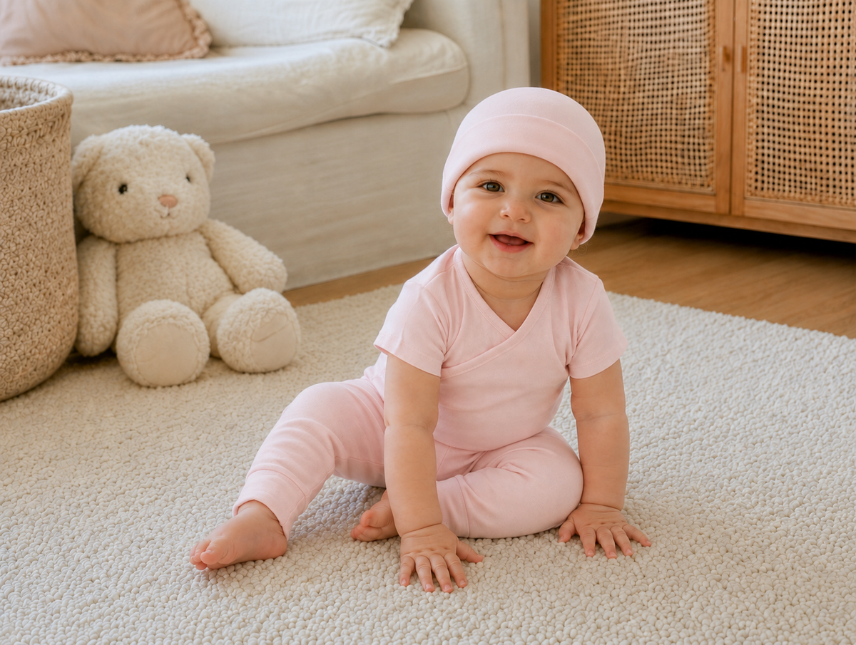 Set body kimono manga corta, pantalón convertible y gorro de bebé · Rosa