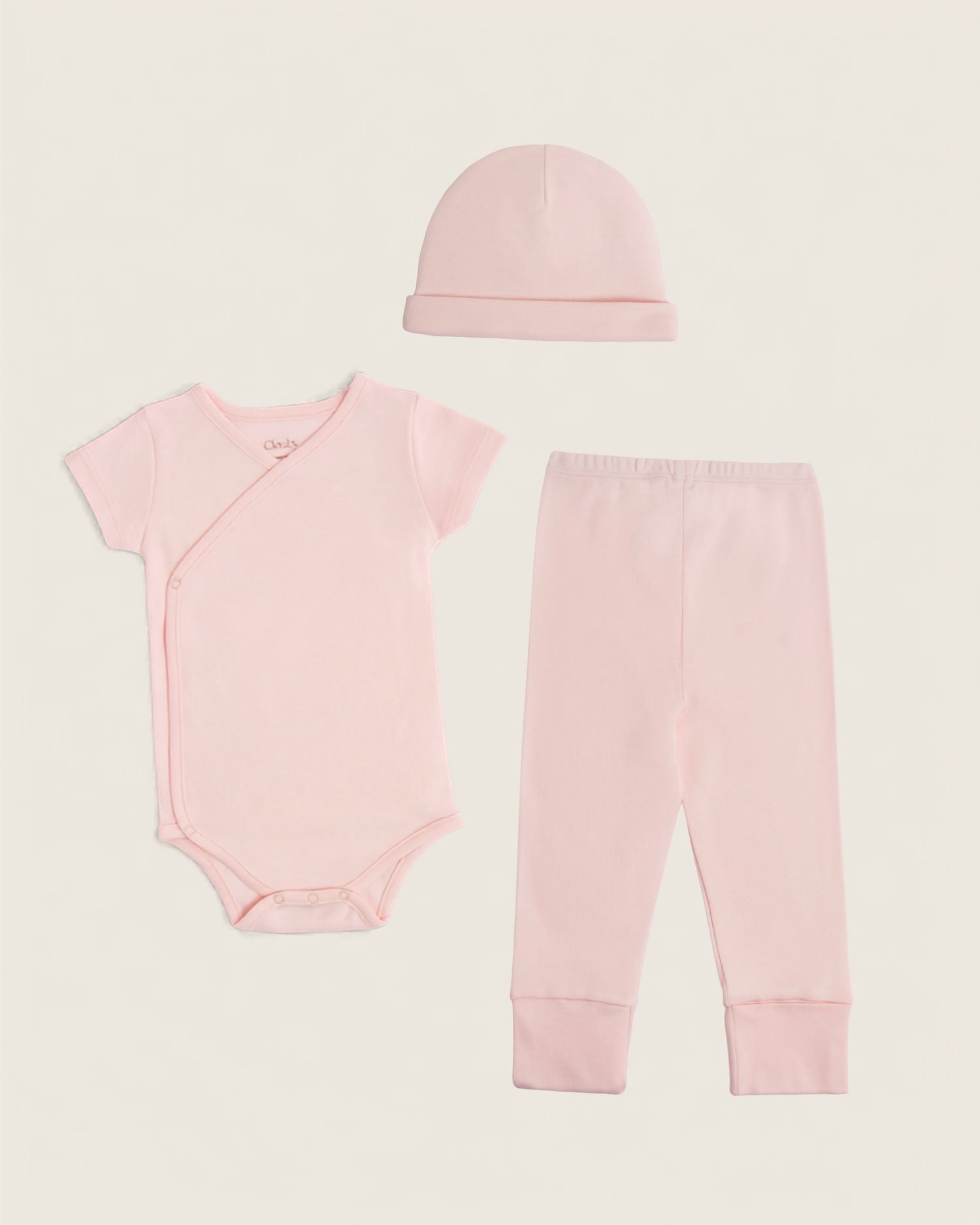 Set body kimono manga corta, pantalón convertible y gorro de bebé · Rosa · Pima orgánico GOTS