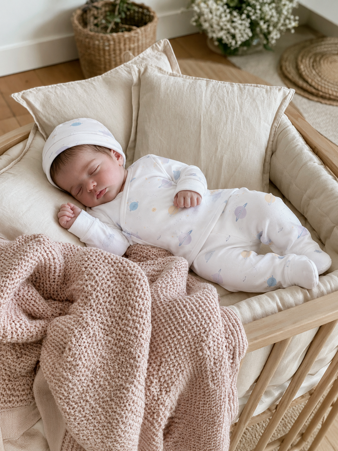Baby kimono set: jacket and footed pants · Planets print · Organic GOTS Pima
