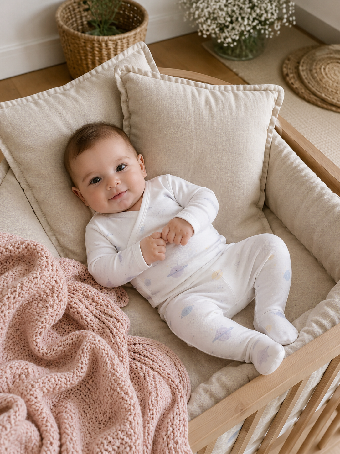 Baby kimono set: jacket and footed pants · Planets print · Organic GOTS Pima