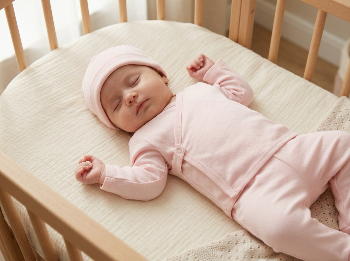 Baby kimono set: jacket, leggings, and hat · Pink · GOTS organic Pima