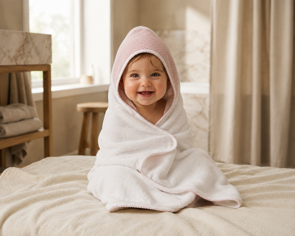 Toalla con capucha de bebé · Blanco y Rosa · Algodón Pima
