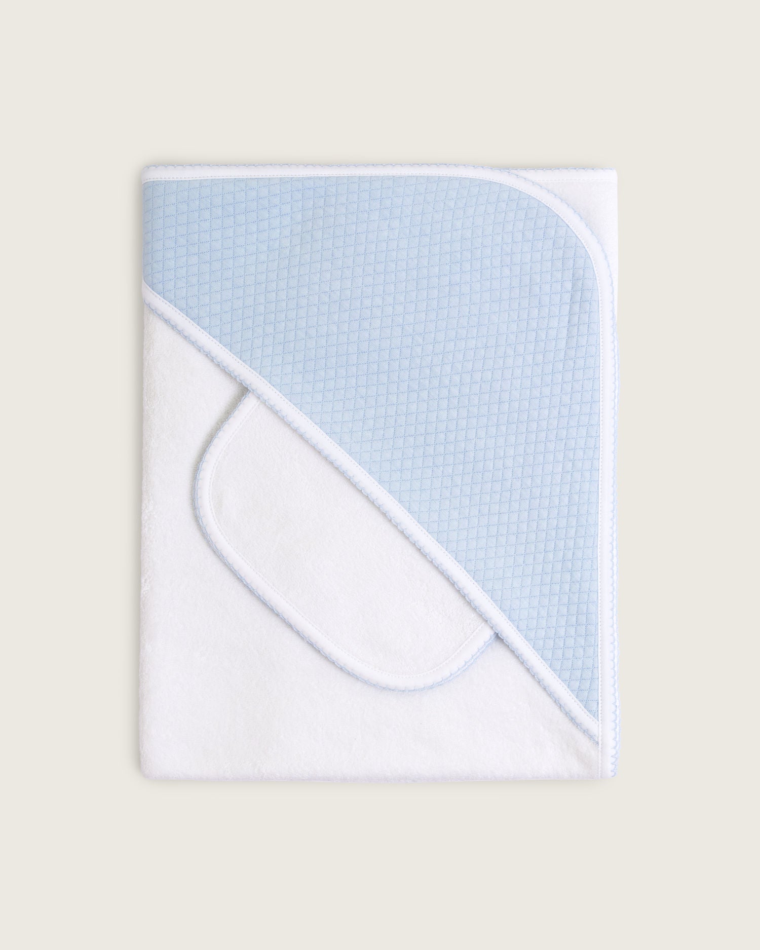 Toalla con capucha de bebé · Blanco y Celeste · Algodón Pima