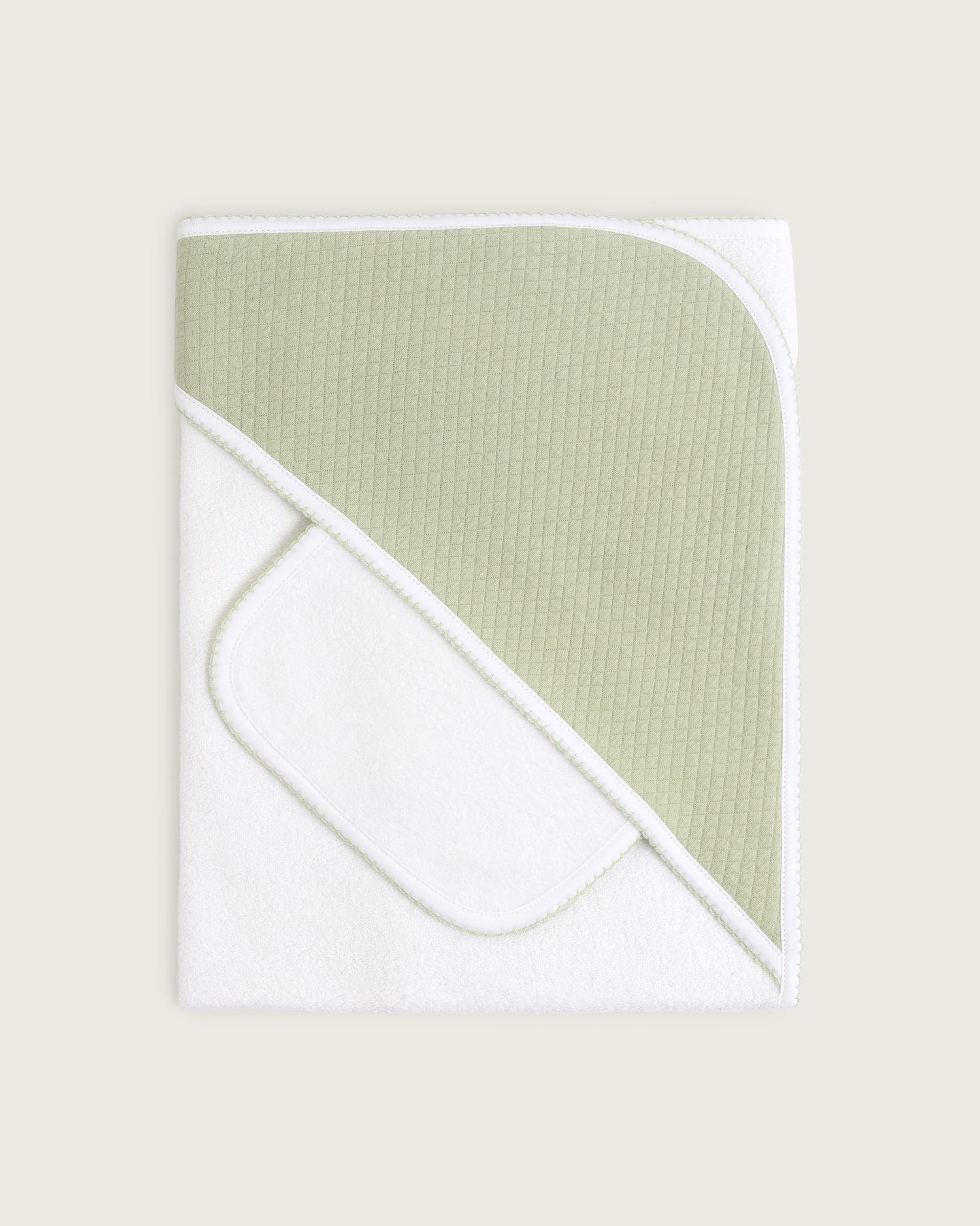 Toalla con capucha de bebé · Blanco y pistacho · Algodón Pima